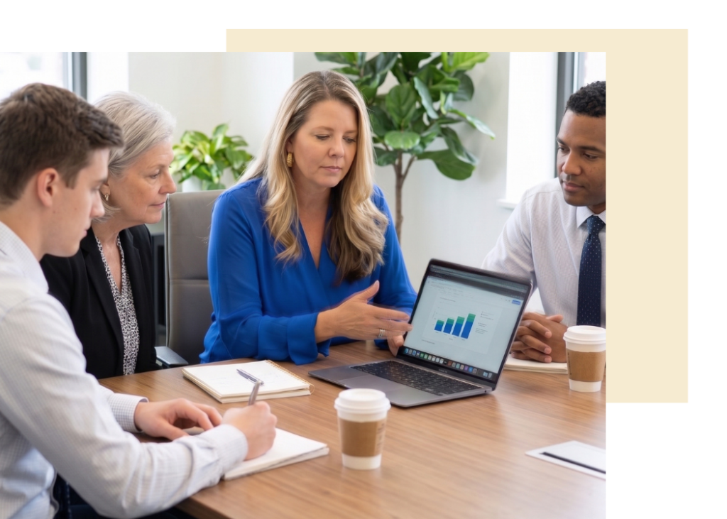 Michelle, a woman with long blonde hair and a blue blouse, is pointing at a chart on an open laptop while a black man, an older white woman, and a white man look on and take notes.