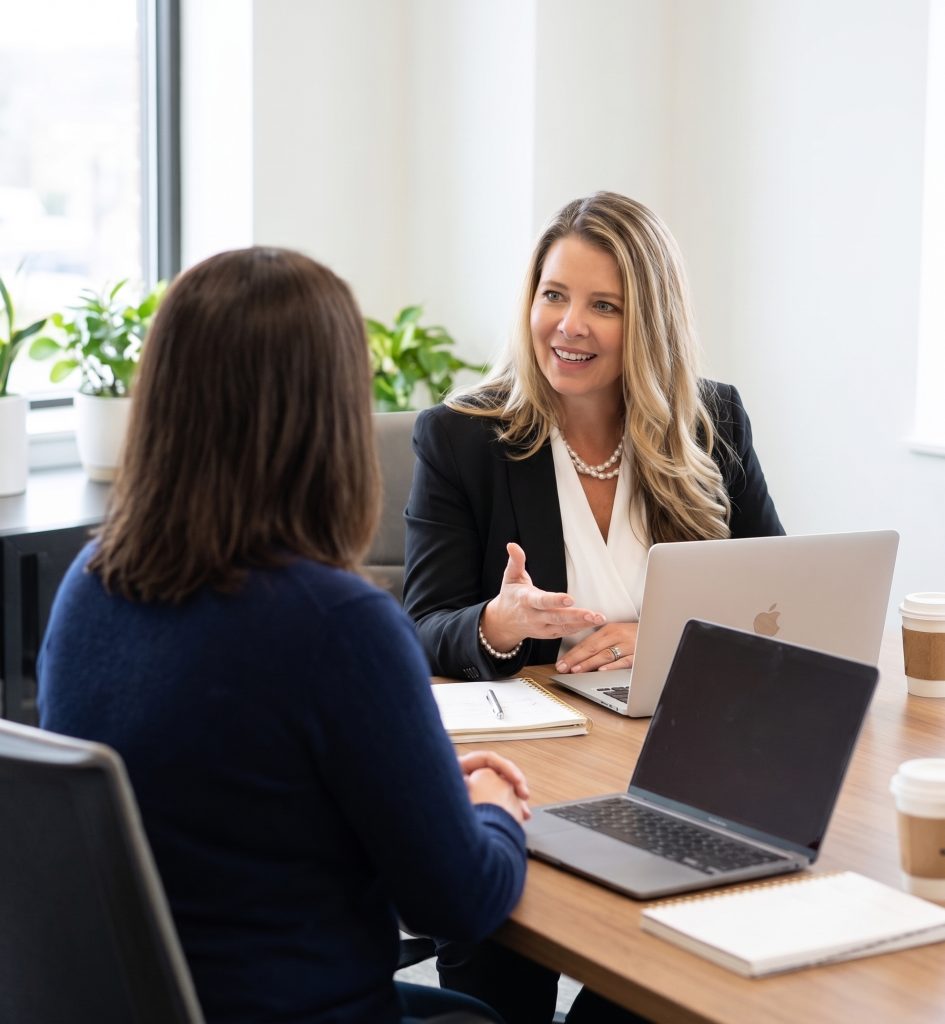 Michelle, a blonde woman with long hair, is sitting at a desk talking to a woman with dark hair. They both have computers open in front of them.