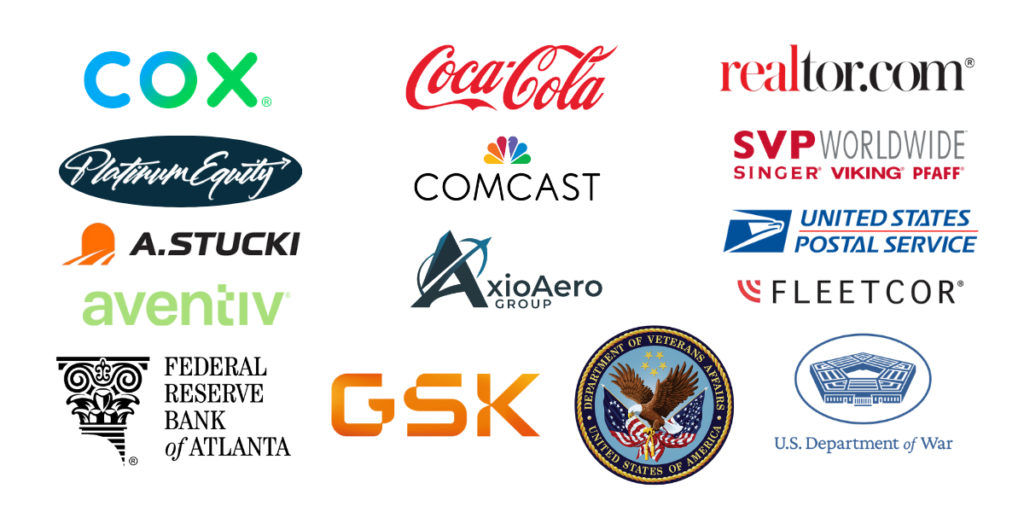 A collection of logos including:
Coca Cola, Cox, realtor.com, Platinum Equity, Comcast, SVP Worldwide, A.Stucki, AxioAero, FleetCor, aventiv, Federal Reserve Bank of Atlanta, GSK, Veteran Affairs, and US Department of War